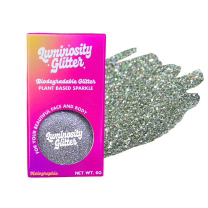 Luminosity Glitter packaging with a sample of glitter on a white background