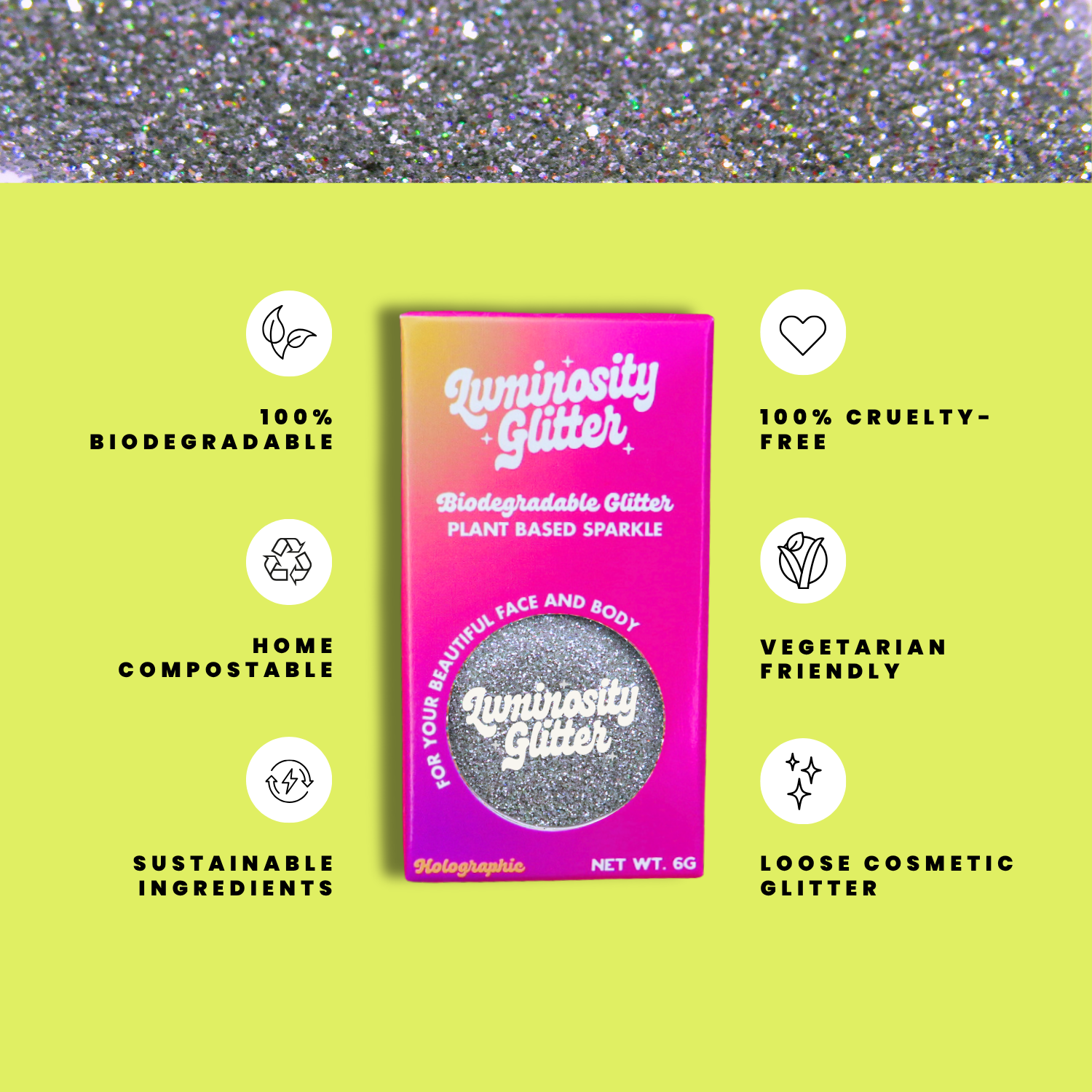 Luminosity Glitter packaging with sustainability features on a green background