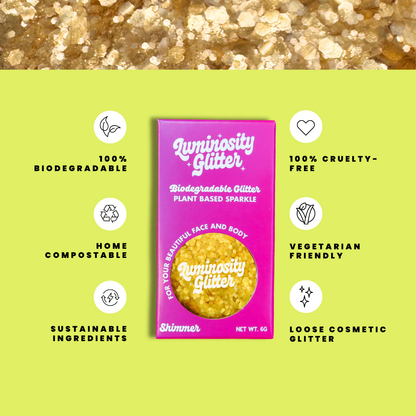 Luminosity Glitter packaging with sustainability features on a green background