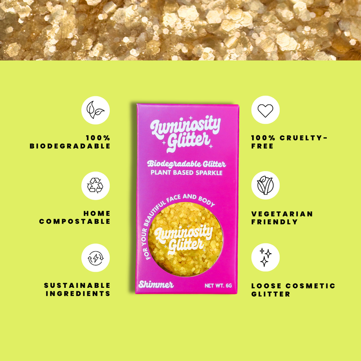 Luminosity Glitter packaging with sustainability features on a green background