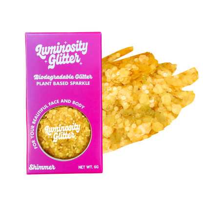 Luminosity Glitter packaging with a sample of glitter on a white background