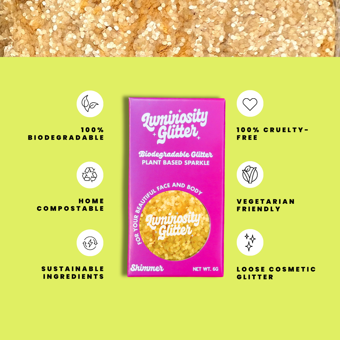 Luminosity Glitter packaging with sustainability features on a green background