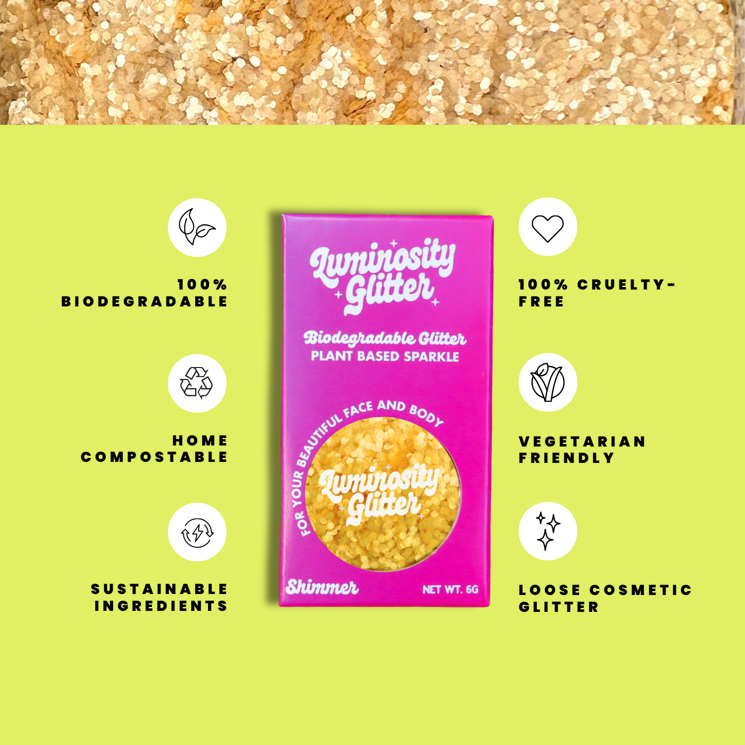 Luminosity Glitter packaging with sustainability features on a green background