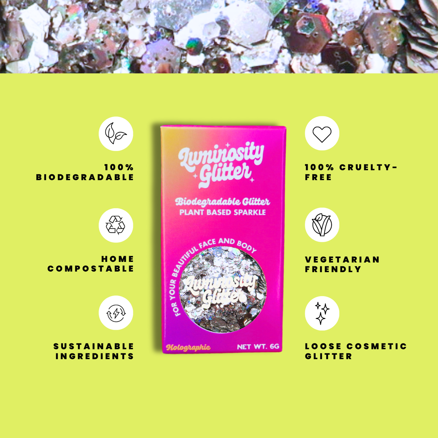 Luminosity Glitter packaging with sustainability features on a green background