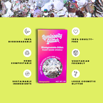 Luminosity Glitter packaging with sustainability features on a green background