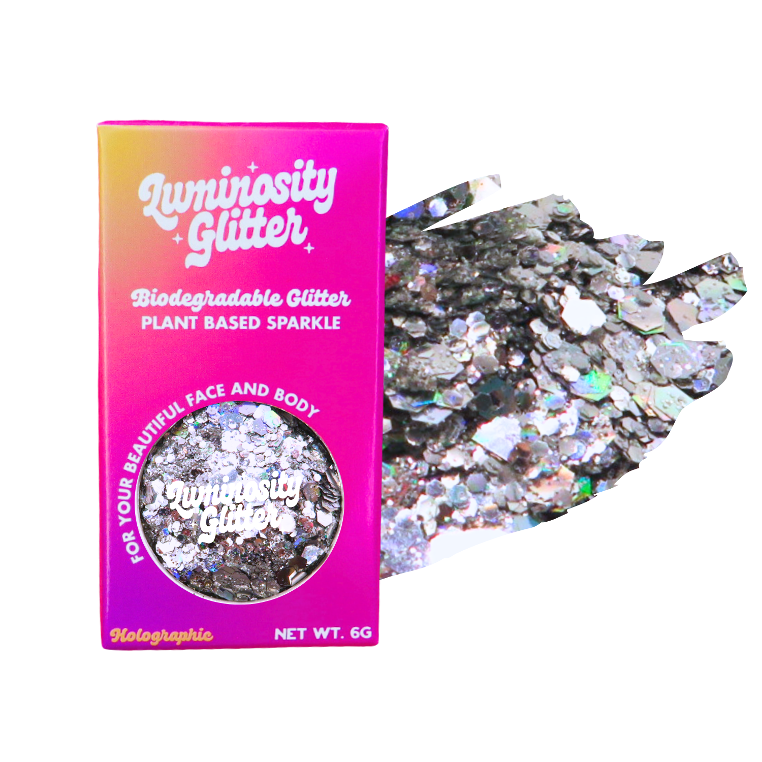 Luminosity Glitter packaging with holographic glitter on a white background
