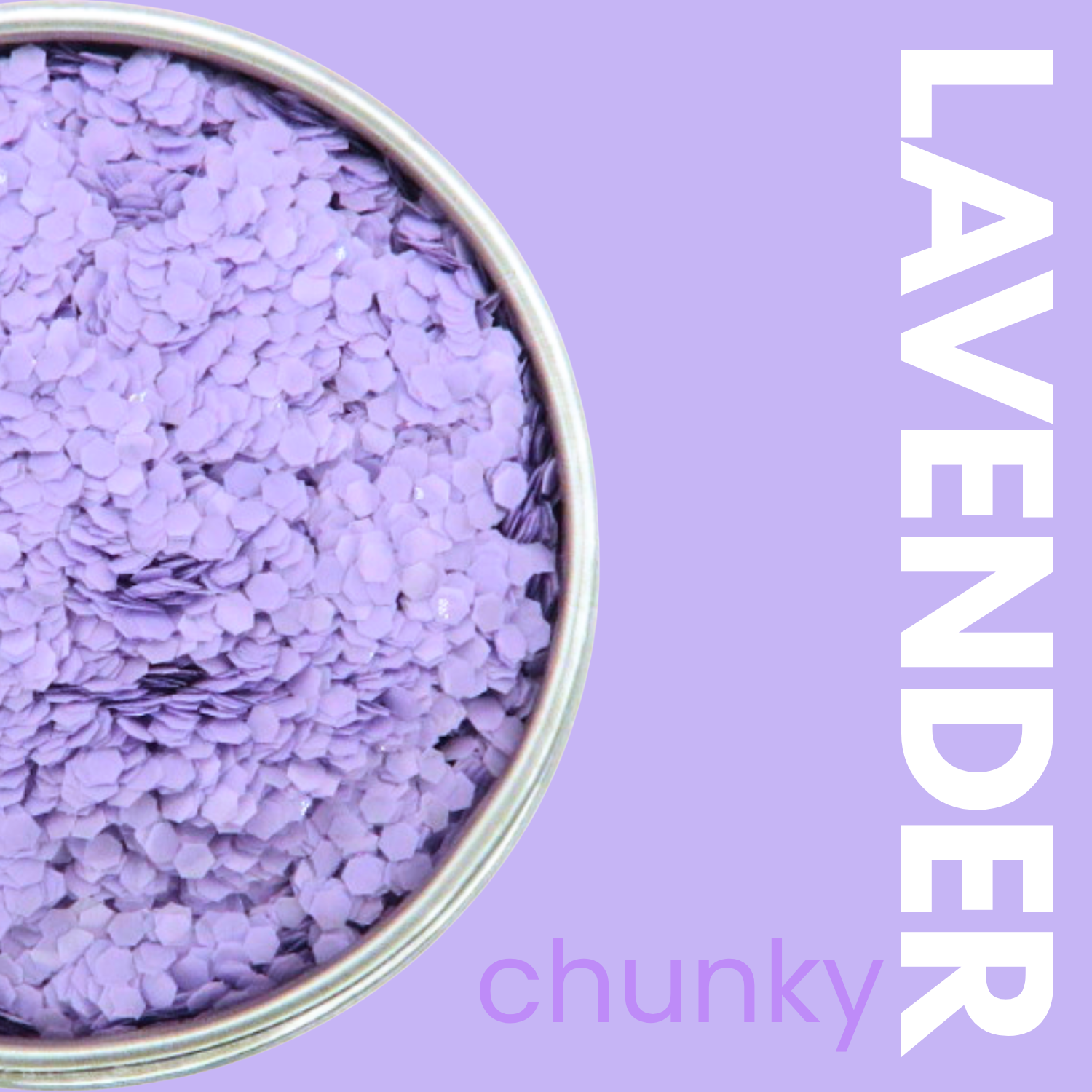 Purple chunky glitter in a pot with 'LAVENDER' and 'chunky' text on a purple background