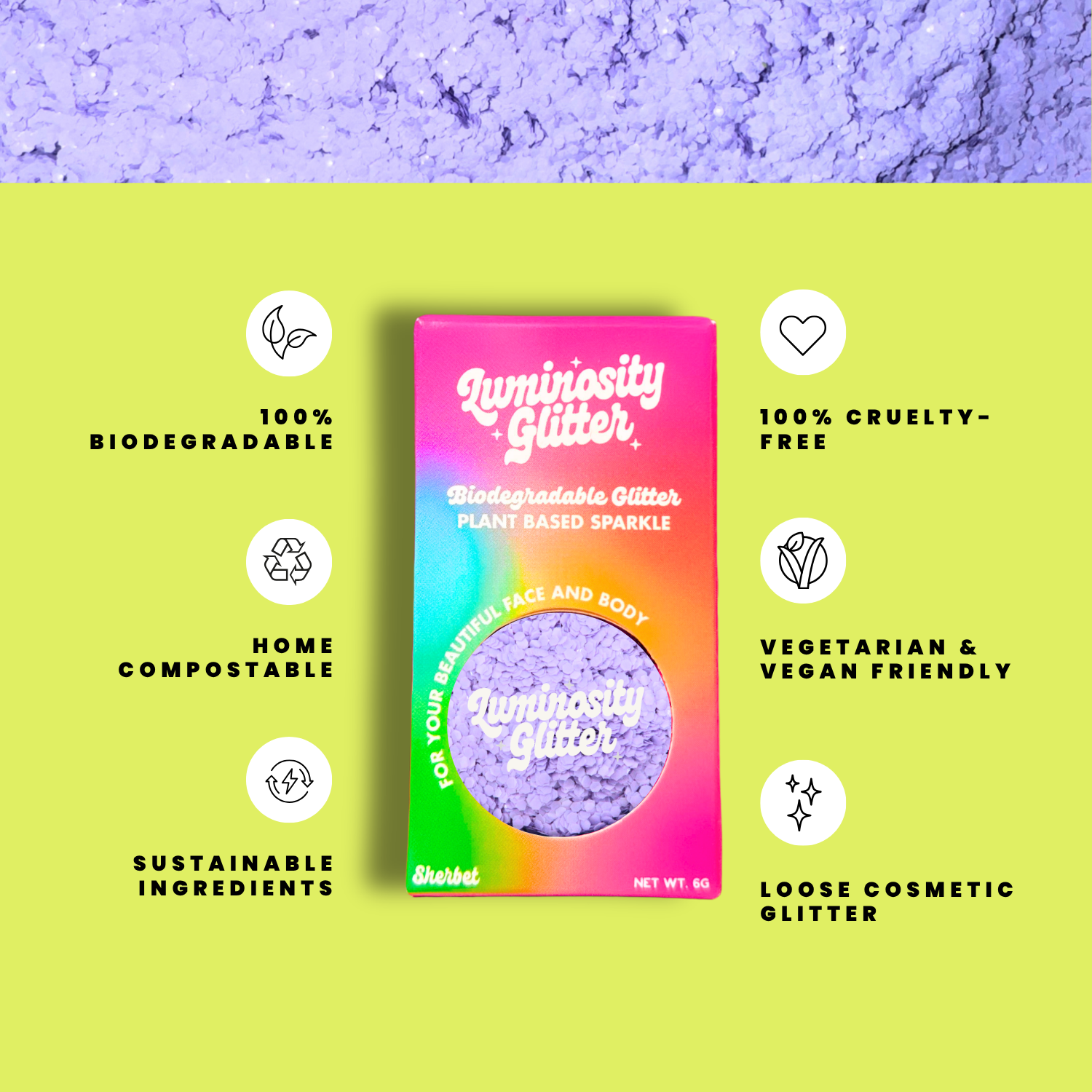 Luminosity Glitter packaging with sustainability features on a green and purple gradient background