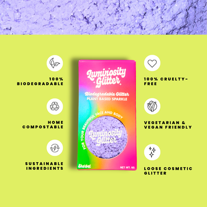 Luminosity Glitter packaging with sustainability features on a green and purple gradient background