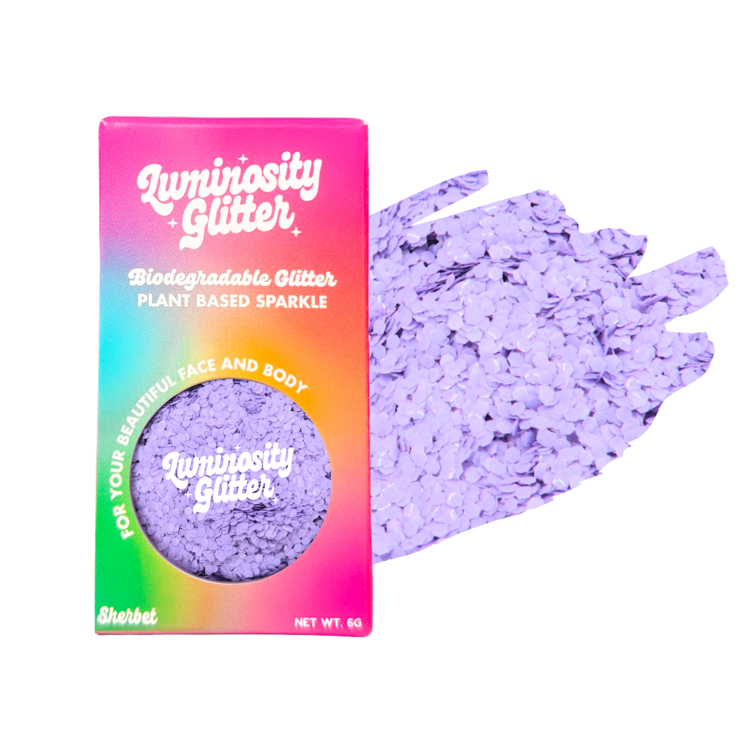 Luminosity Glitter packaging with purple glitter on a white background