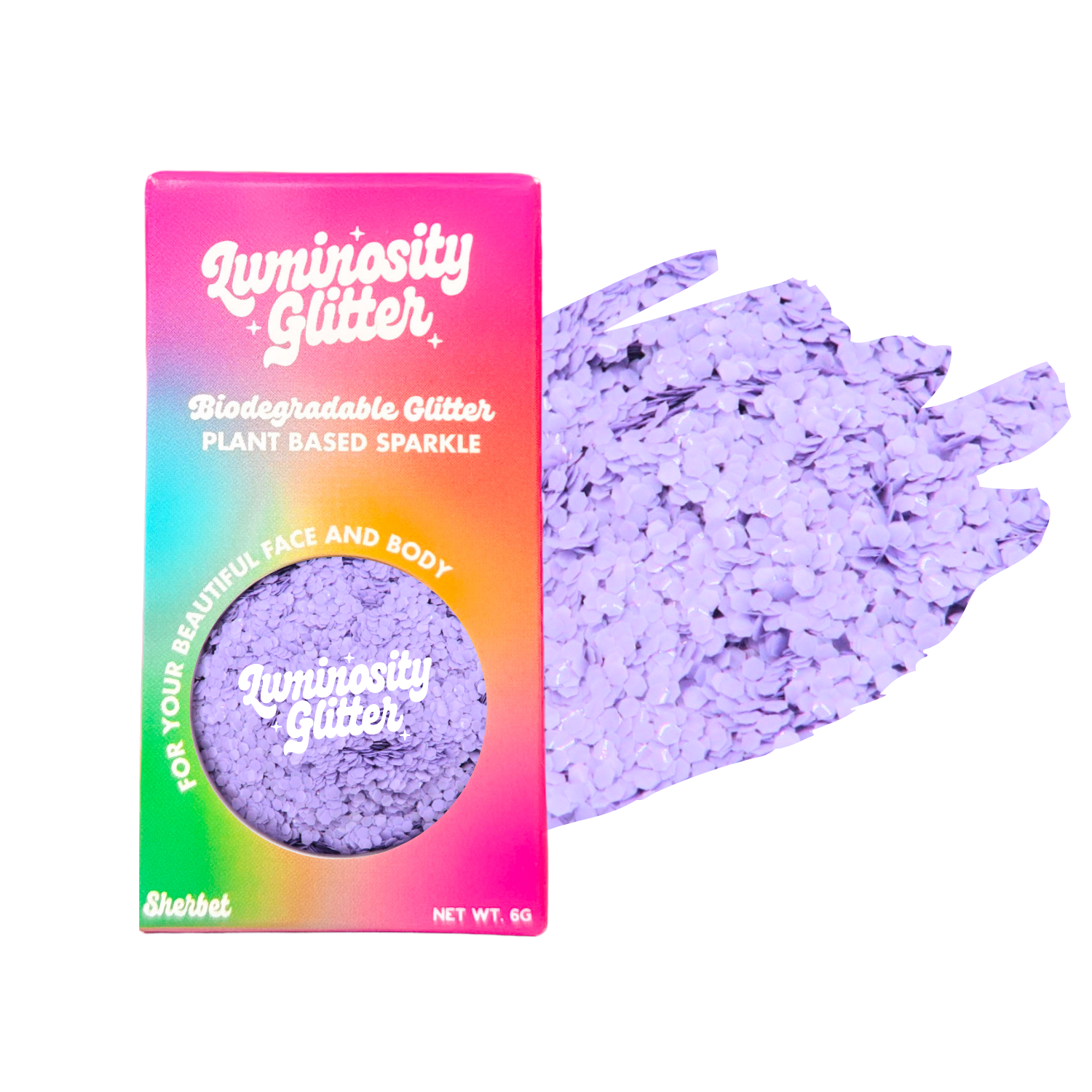 Luminosity Glitter packaging with purple glitter on a white background