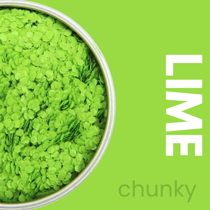 Lime green chunky glitter in a container with &