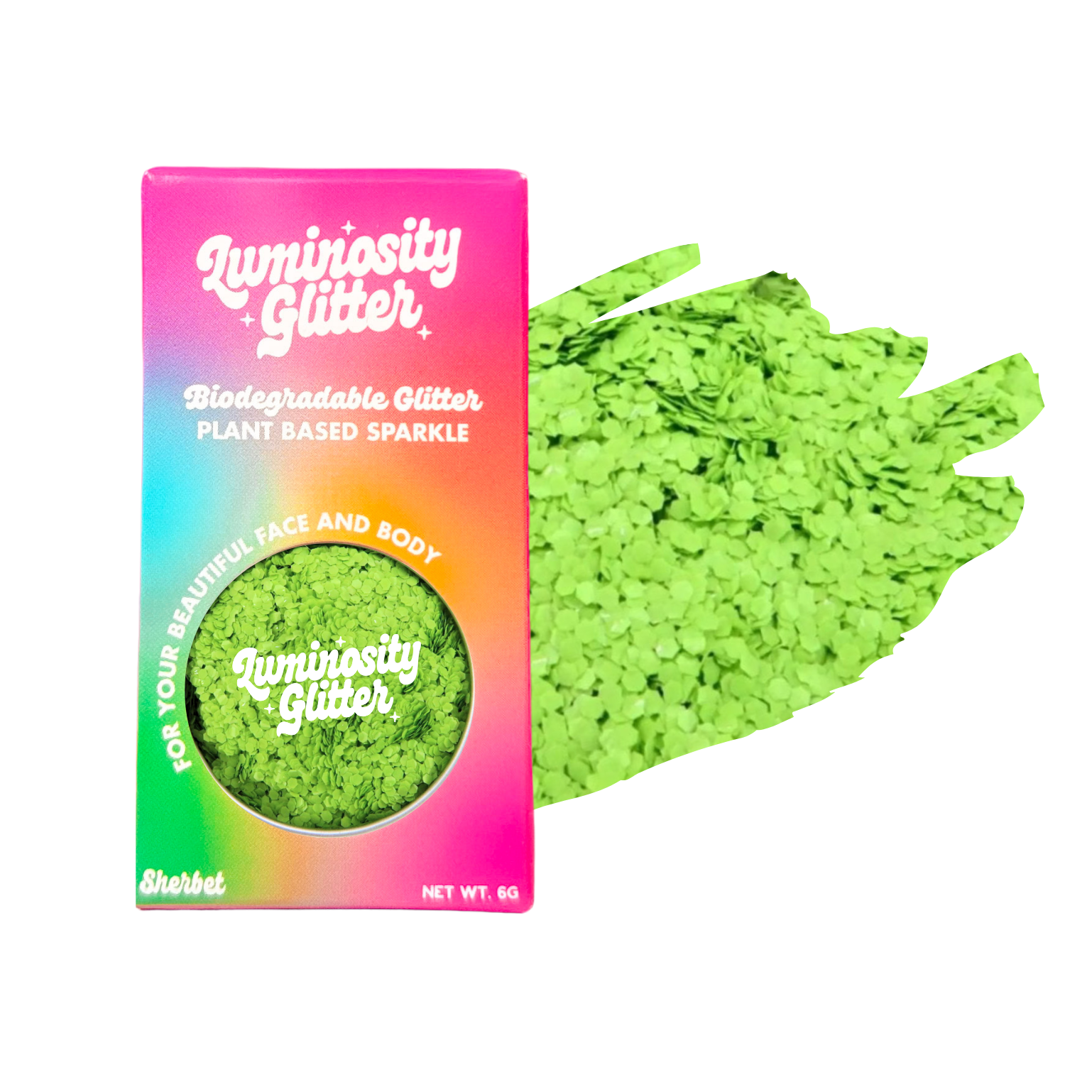 Green glitter and packaging with 'Luminosity Glitter' branding on a white background