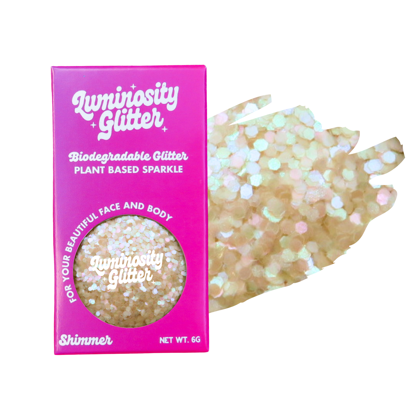 Luminosity Glitter packaging with biodegradable and plant-based glitter on a white background