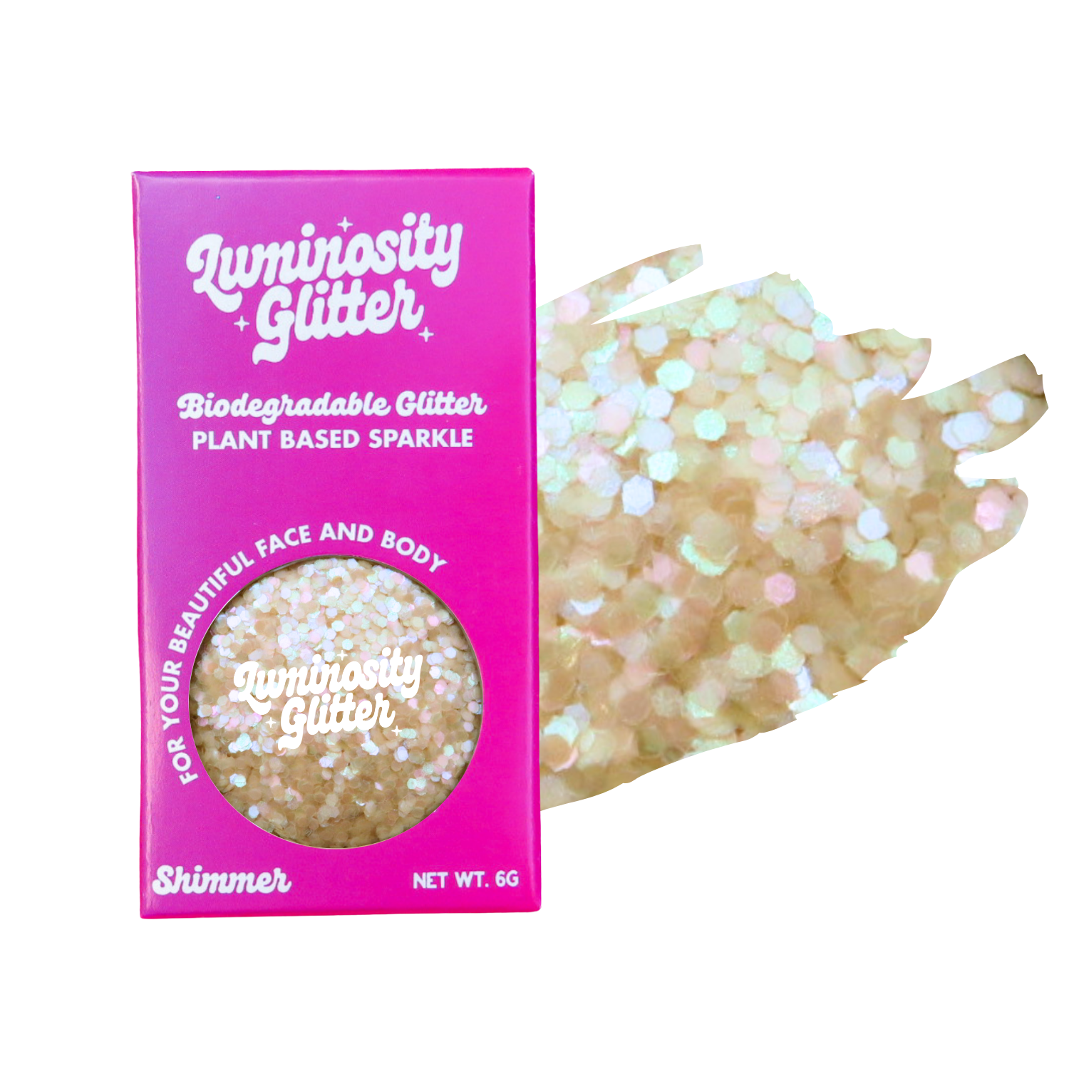 Luminosity Glitter packaging with biodegradable and plant-based glitter on a white background