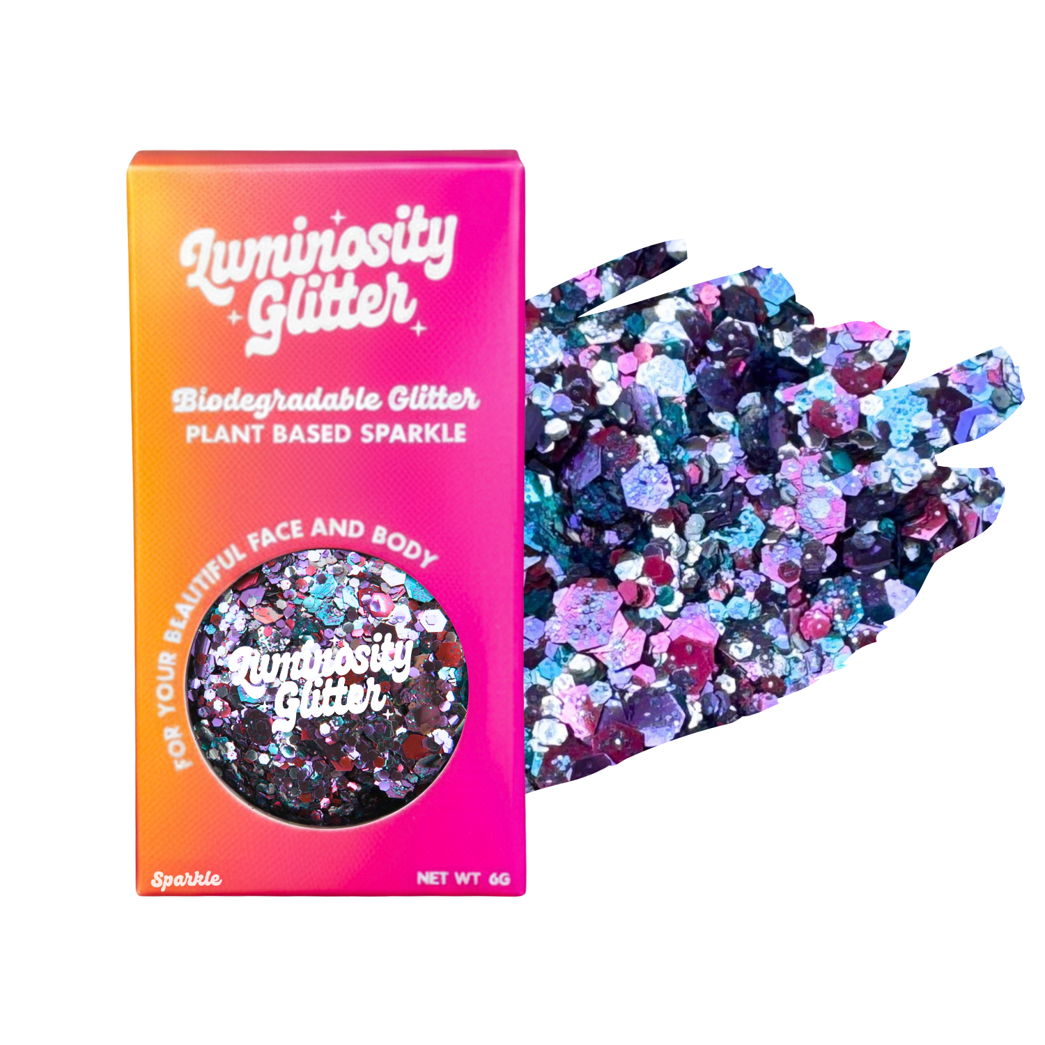 Luminosity Glitter packaging with biodegradable and plant-based sparkle on a white background