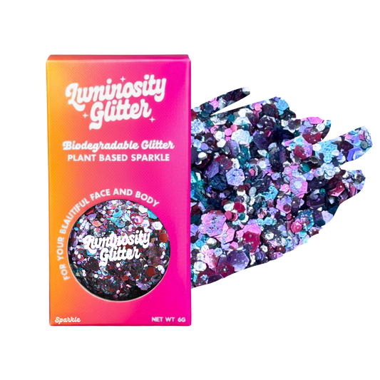 Luminosity Glitter packaging with biodegradable and plant-based sparkle on a white background