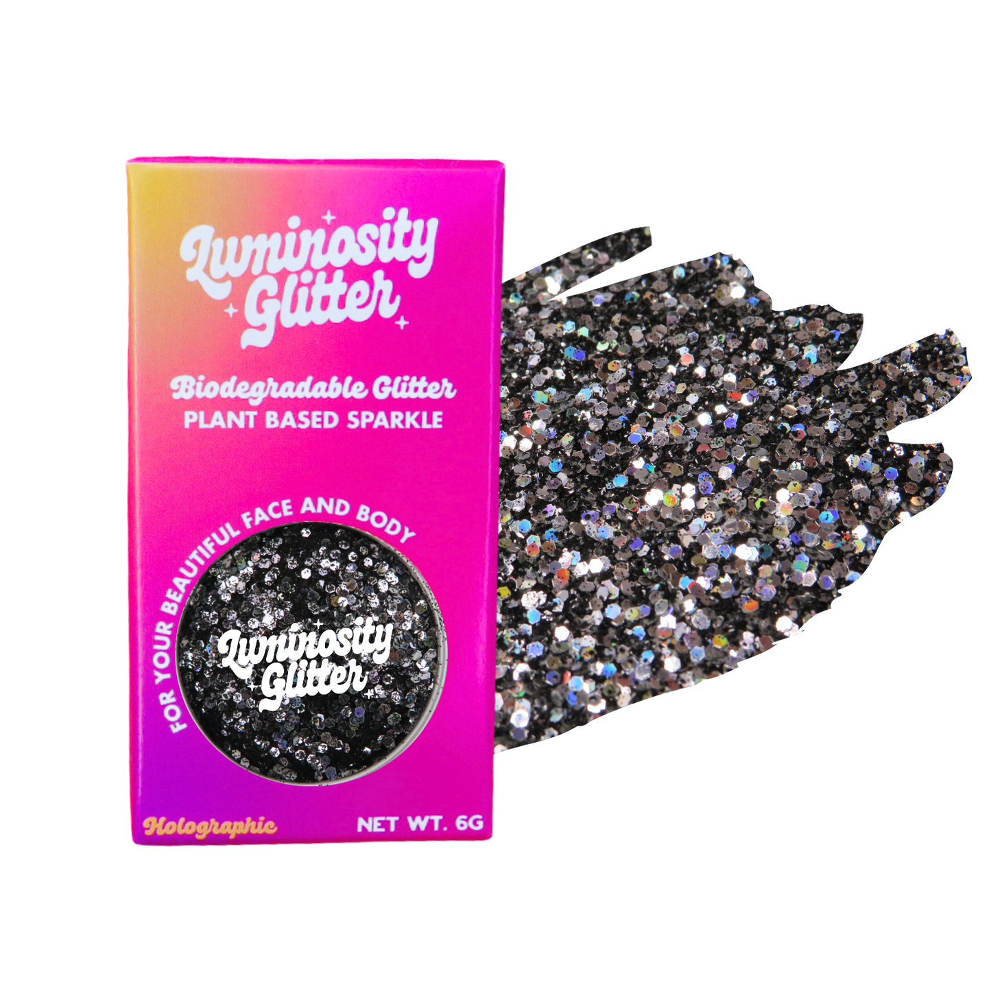 Luminosity Glitter packaging with a black glittery glove on a white background