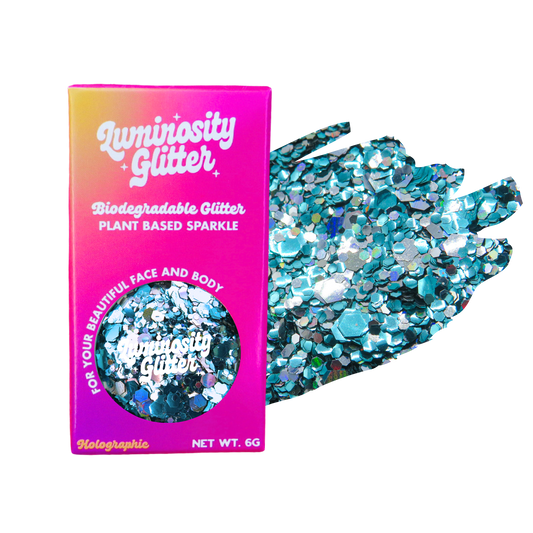 Blue and Holographic silver glitter in a bright ombre packaging box
