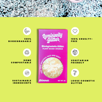 Luminosity Glitter packaging with sustainability features on a green background