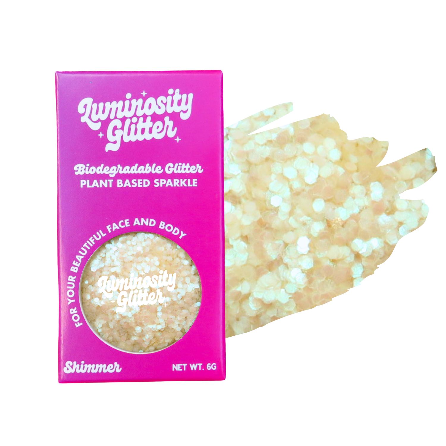 Luminosity Glitter packaging with biodegradable glitter and plant-based sparkle.