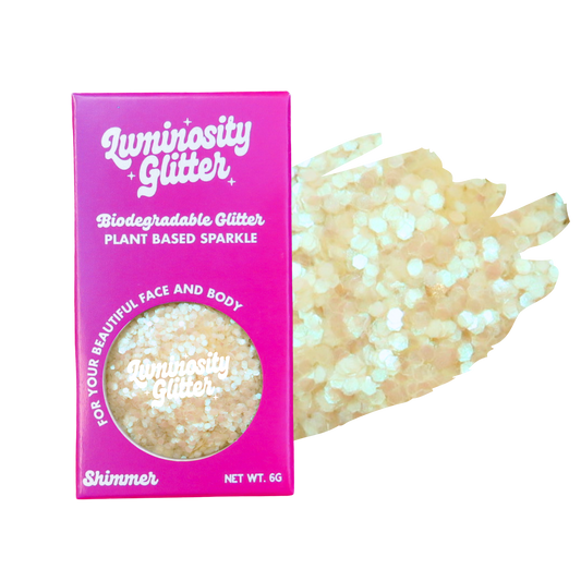 Luminosity Glitter packaging with biodegradable glitter and plant-based sparkle.