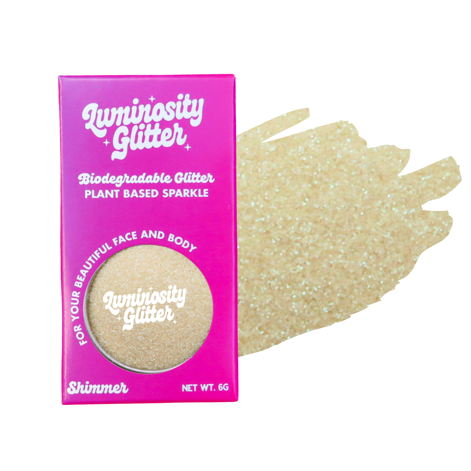 Luminosity Glitter packaging with a sample of glitter on a white background