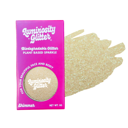 Luminosity Glitter packaging with a sample of glitter on a white background