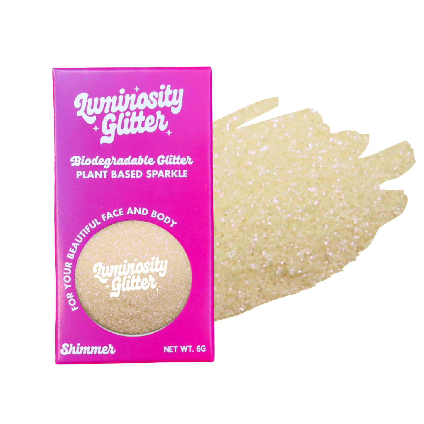Luminosity Glitter packaging with a sample of glitter on a white background