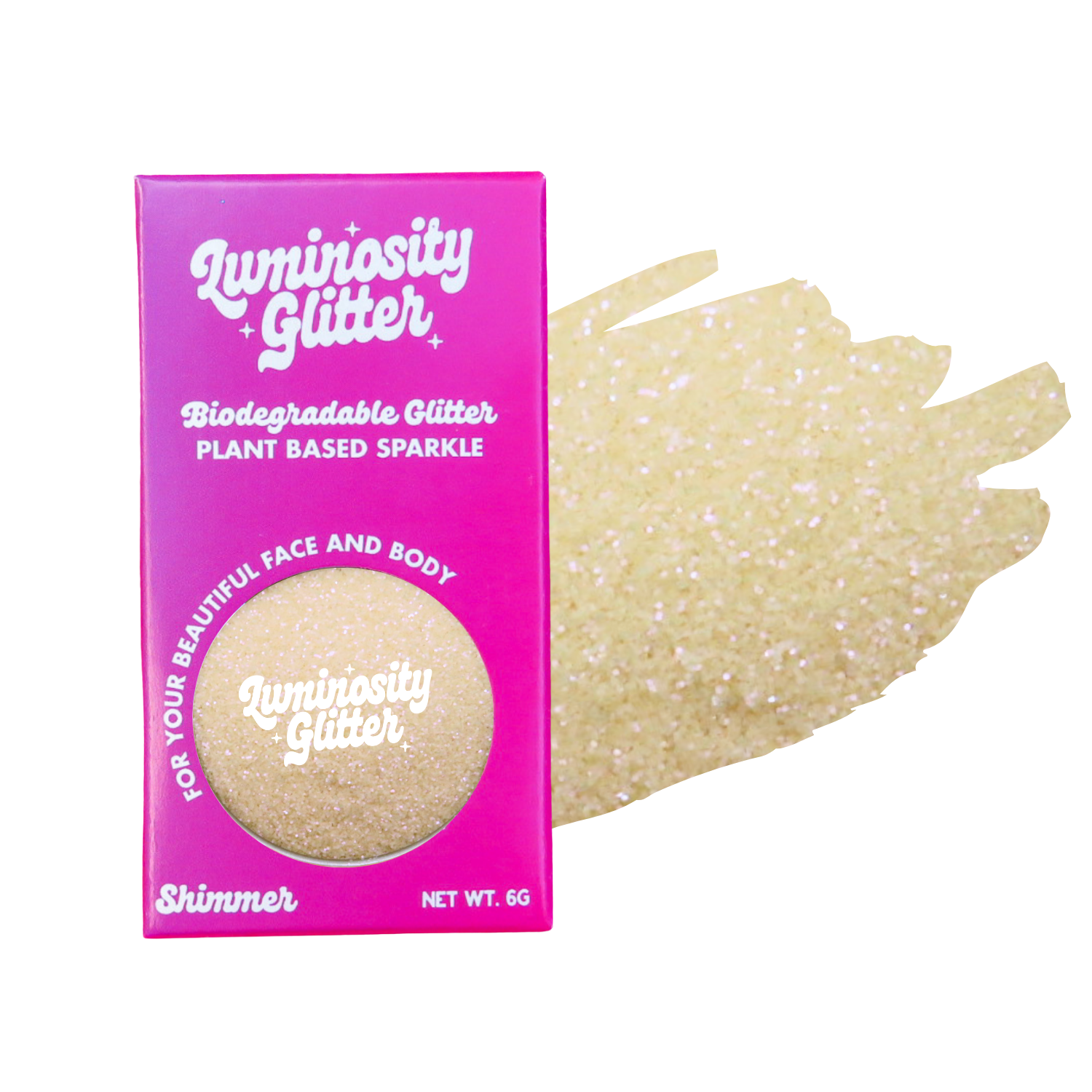 Luminosity Glitter packaging with a sample of glitter on a white background
