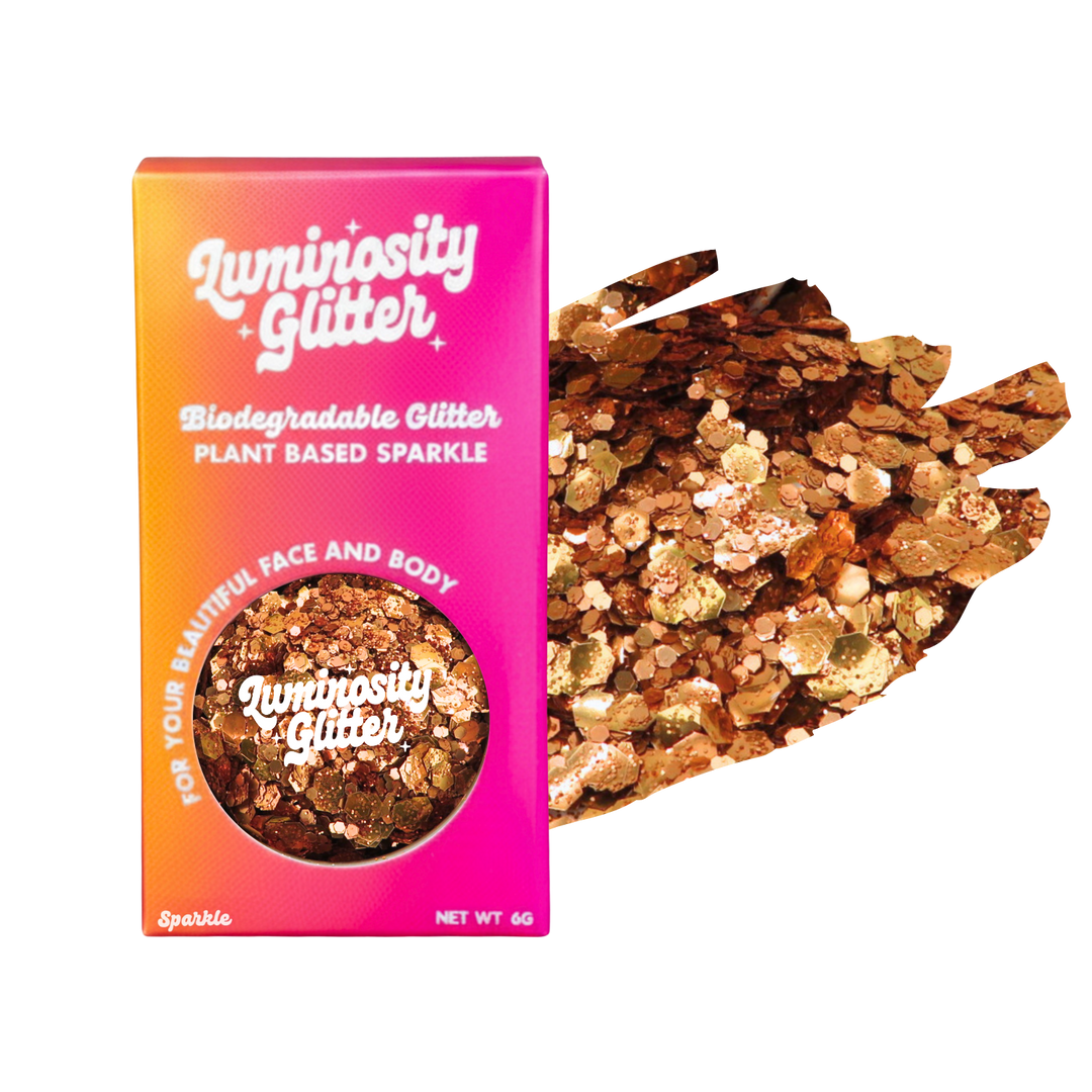 Luminosity Glitter packaging with biodegradable glitter on a white background