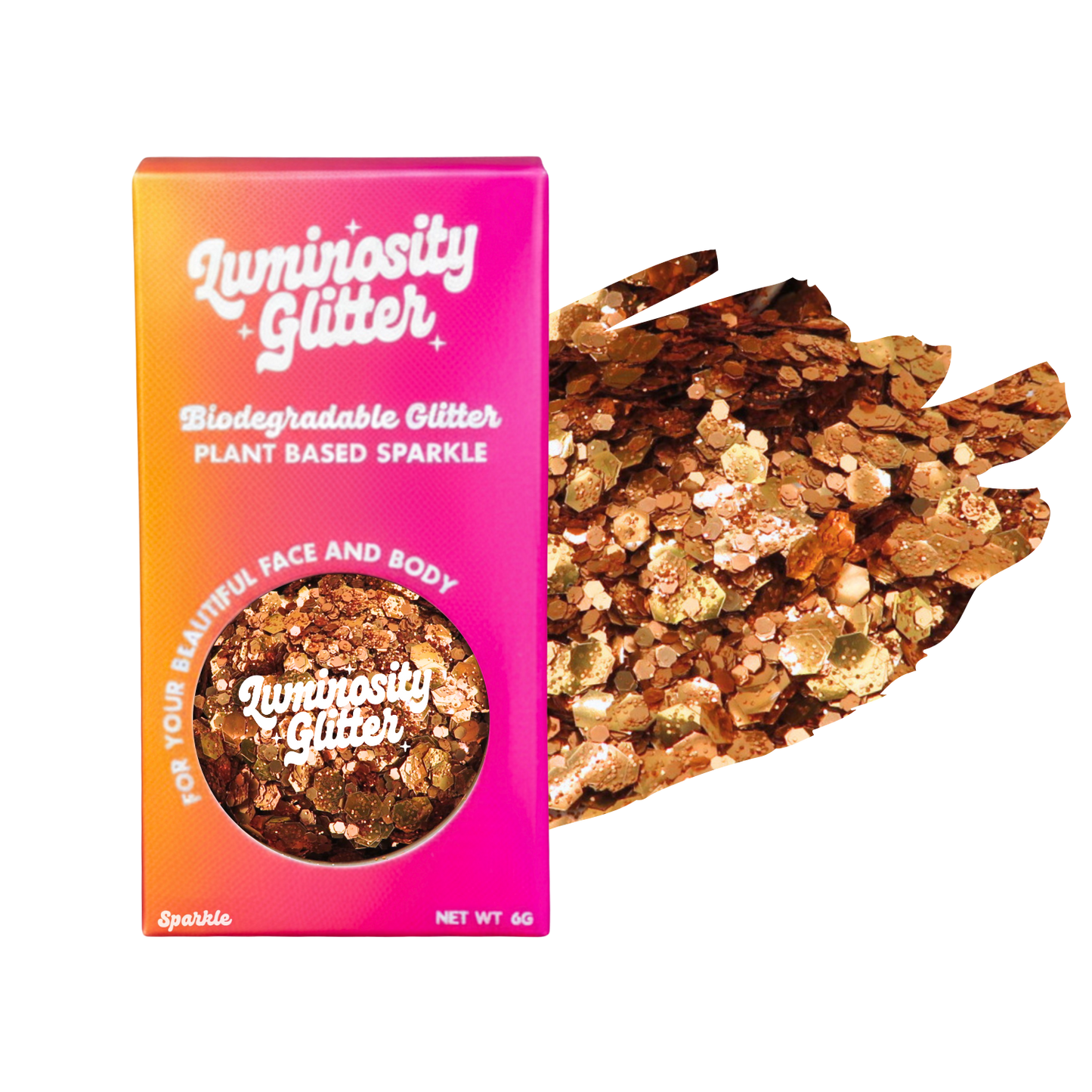 Luminosity Glitter packaging with biodegradable glitter on a white background