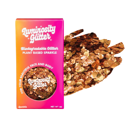 Luminosity Glitter packaging with biodegradable glitter on a white background