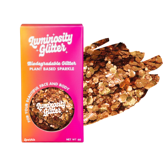 Luminosity Glitter packaging with biodegradable glitter on a white background