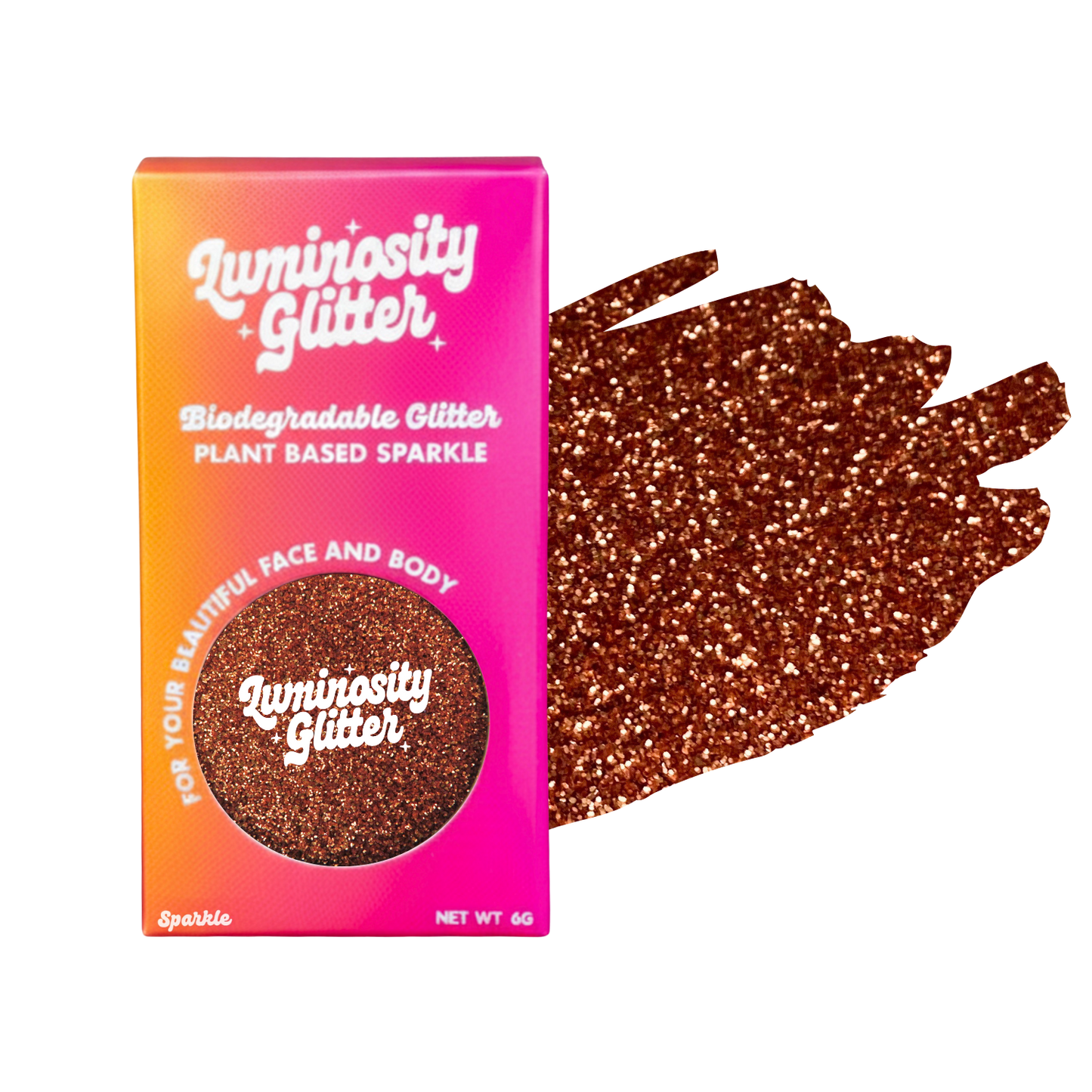 Luminosity Glitter packaging with brown glitter on a white background