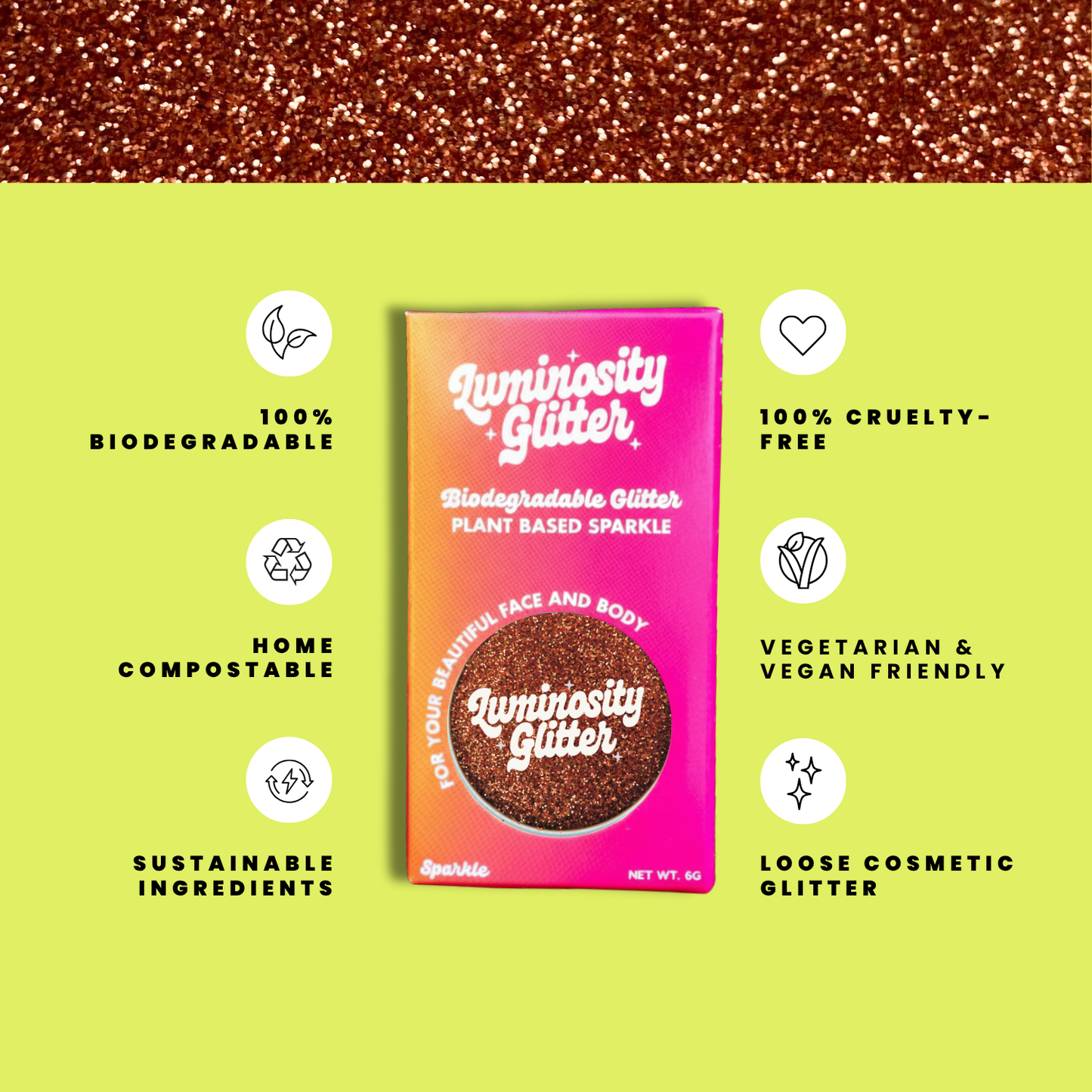 Luminiosity Glitter packaging with sustainability features on a green background