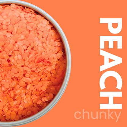 Peach-colored chunky glitter in pot on an orange background with 'PEACH chunky' text.