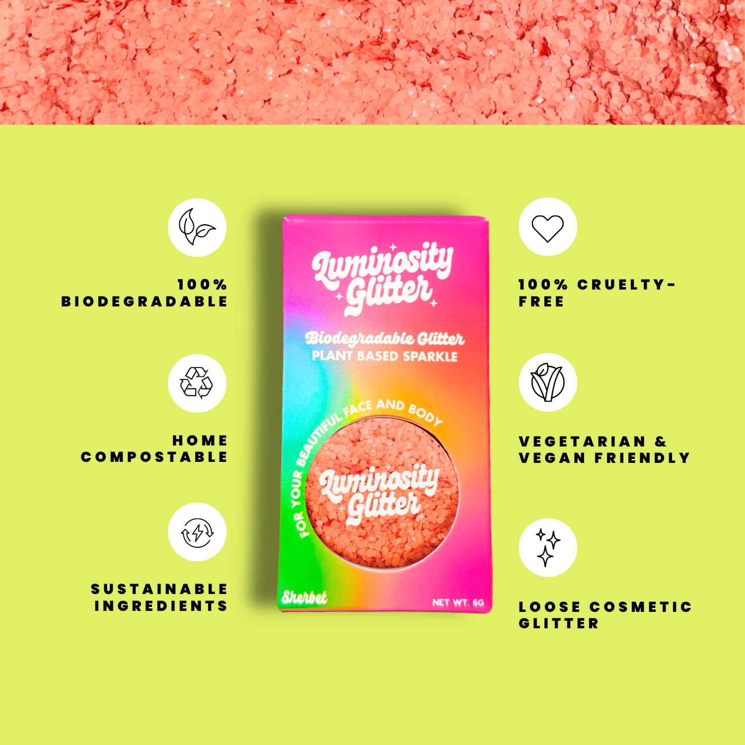 Luminosity Glitter packaging with sustainability features on a green background