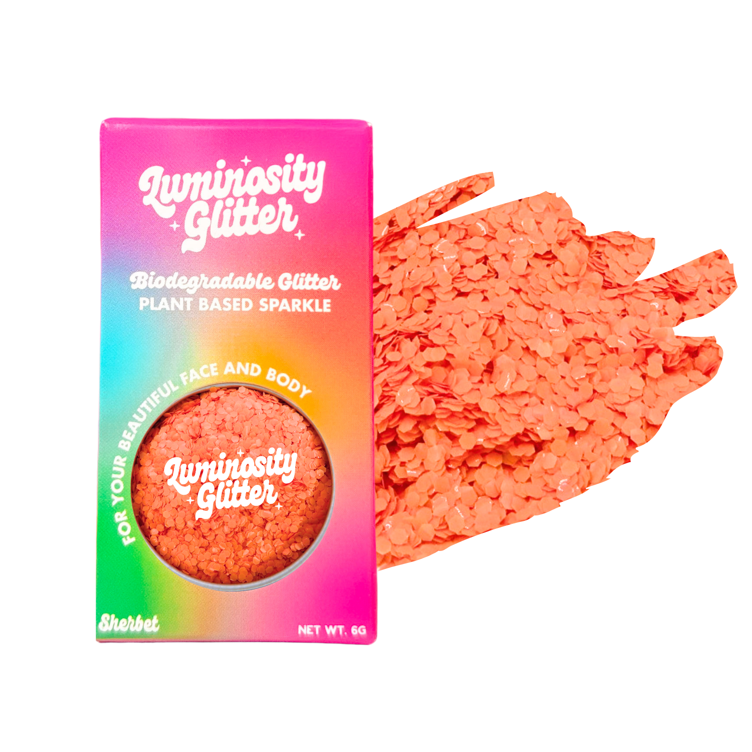 Luminosity Glitter packaging with coral glitter on a white background