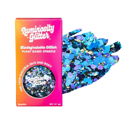 Peacock blend of blue, purple and gold glitter in a luminosity glitter packaging box