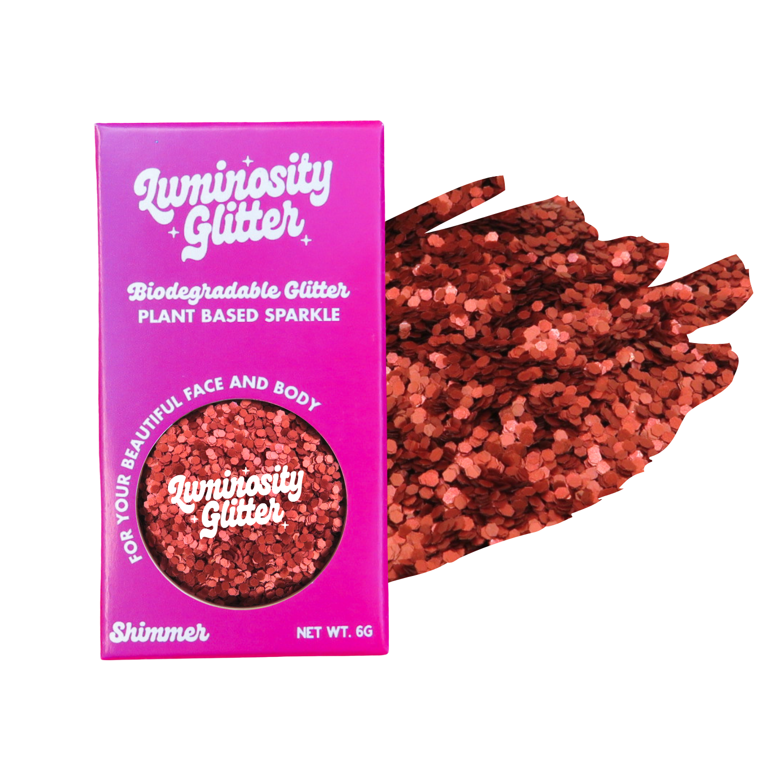 Luminosity Glitter packaging with red glitter on a white background