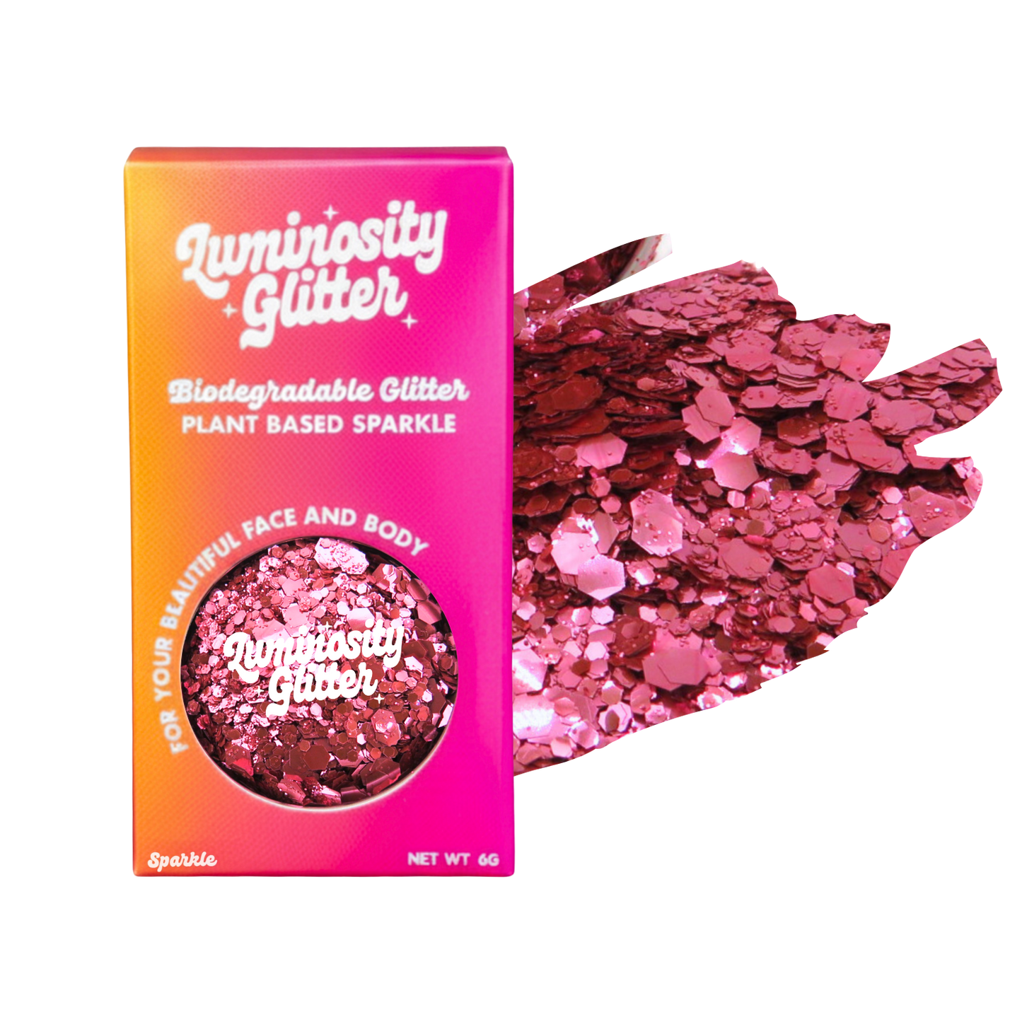 Luminosity Glitter packaging with pink glitter on a white background