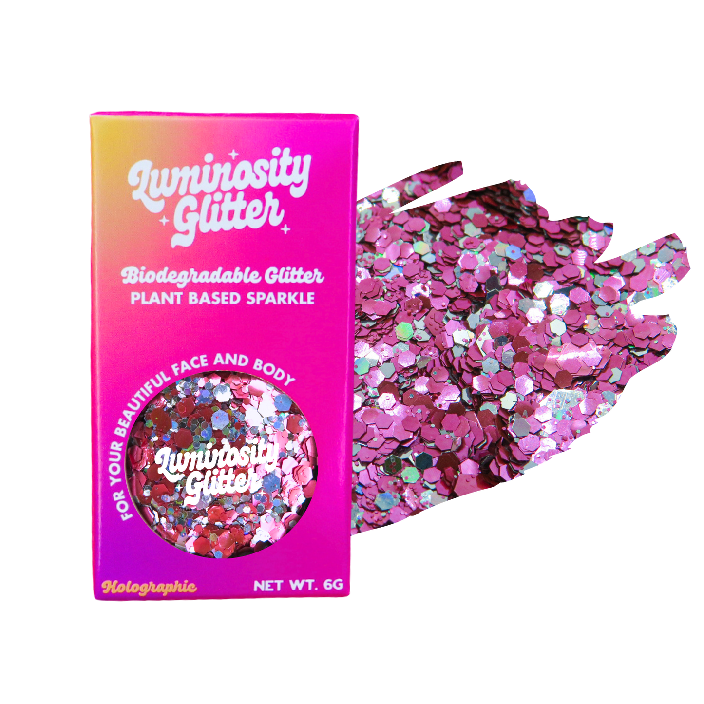Biodegradable glitter packaging with pink and holographic glitter on a white background