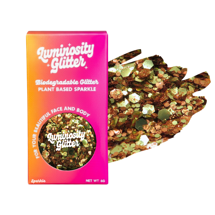 Pumpkin Spice Halloween Glitter in a Luminosity Glitter pot and packaging box