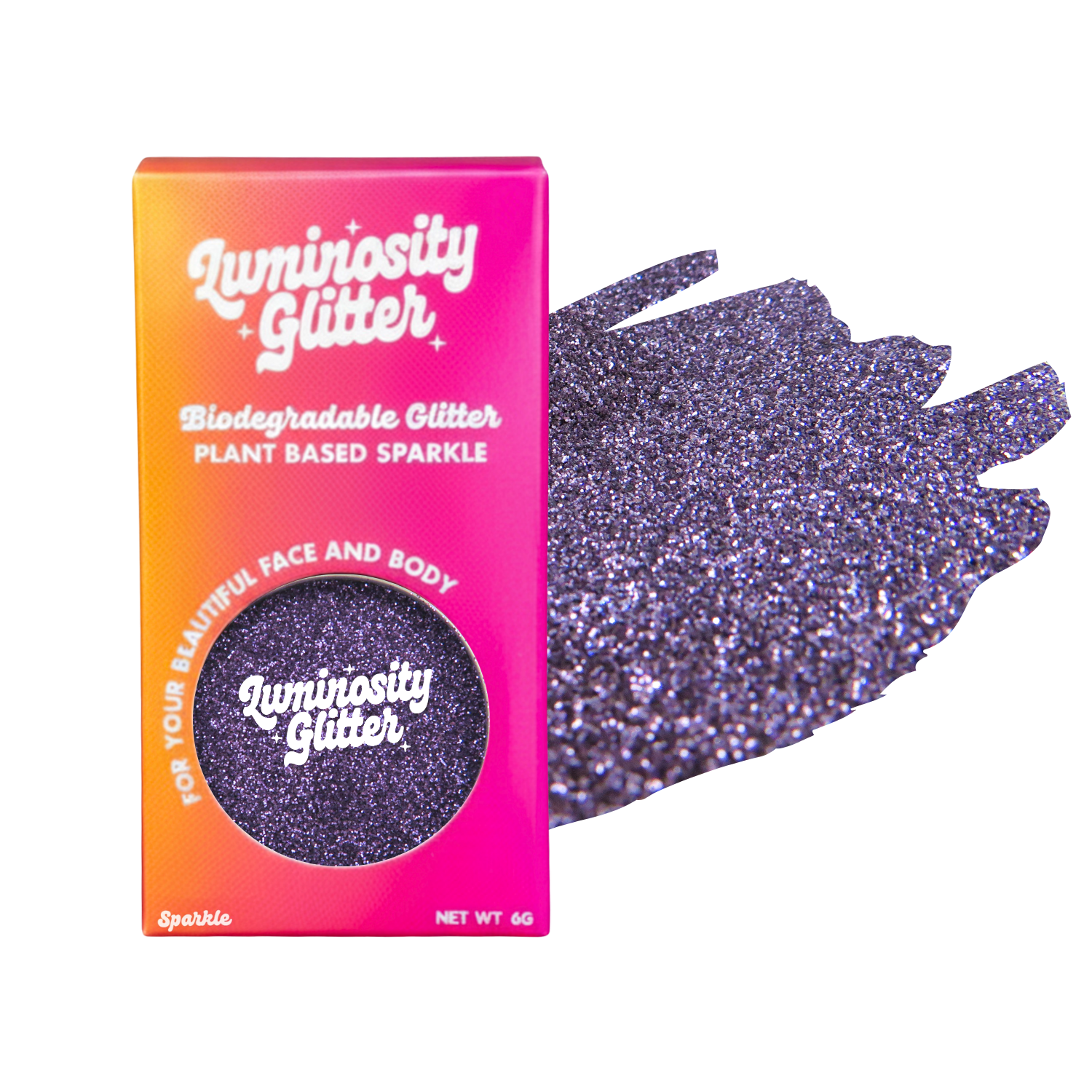 Luminosity Glitter packaging with purple glittery gloves on a white background