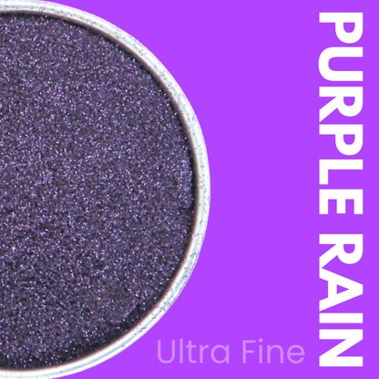 Purple glittery powder in a container with 'Purple Rain' text on a purple background