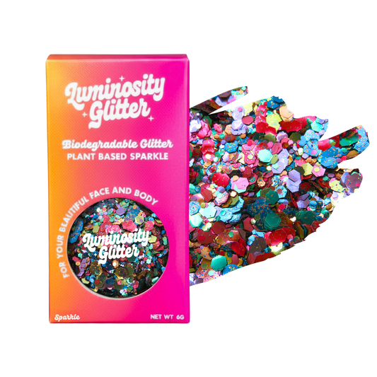 Luminosity Glitter packaging with colorful glitter on a white background