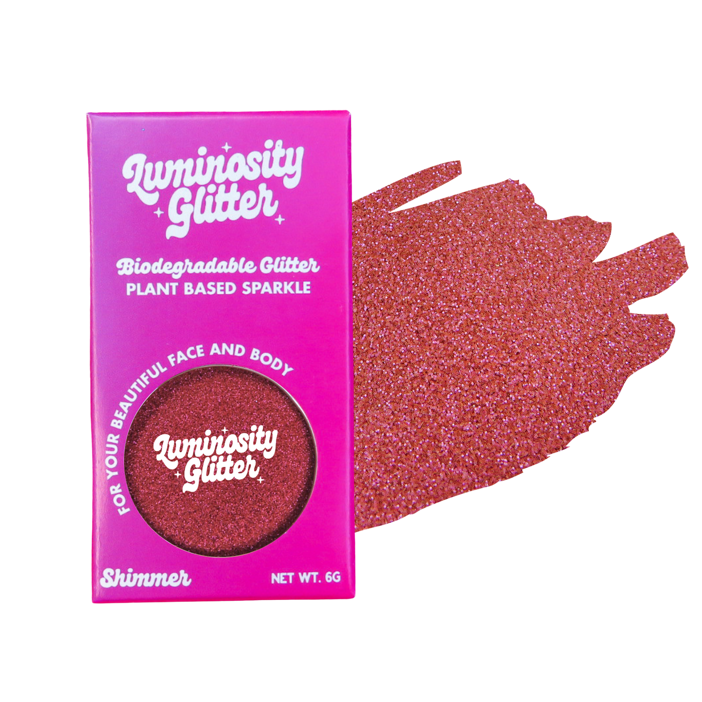 Raspberry fine glitter in a pink and purple ombre packaging box