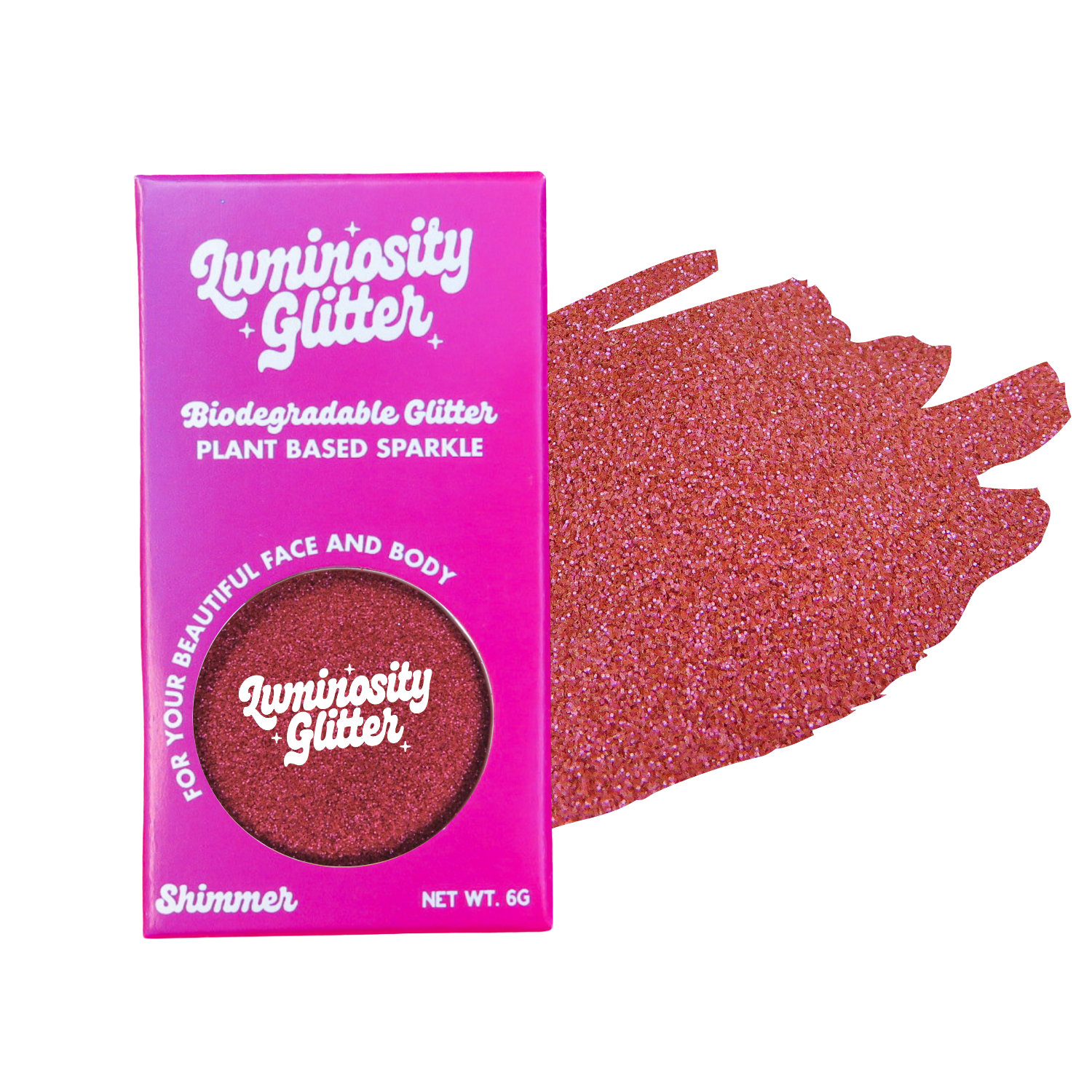 Raspberry fine glitter in a pink and purple ombre packaging box