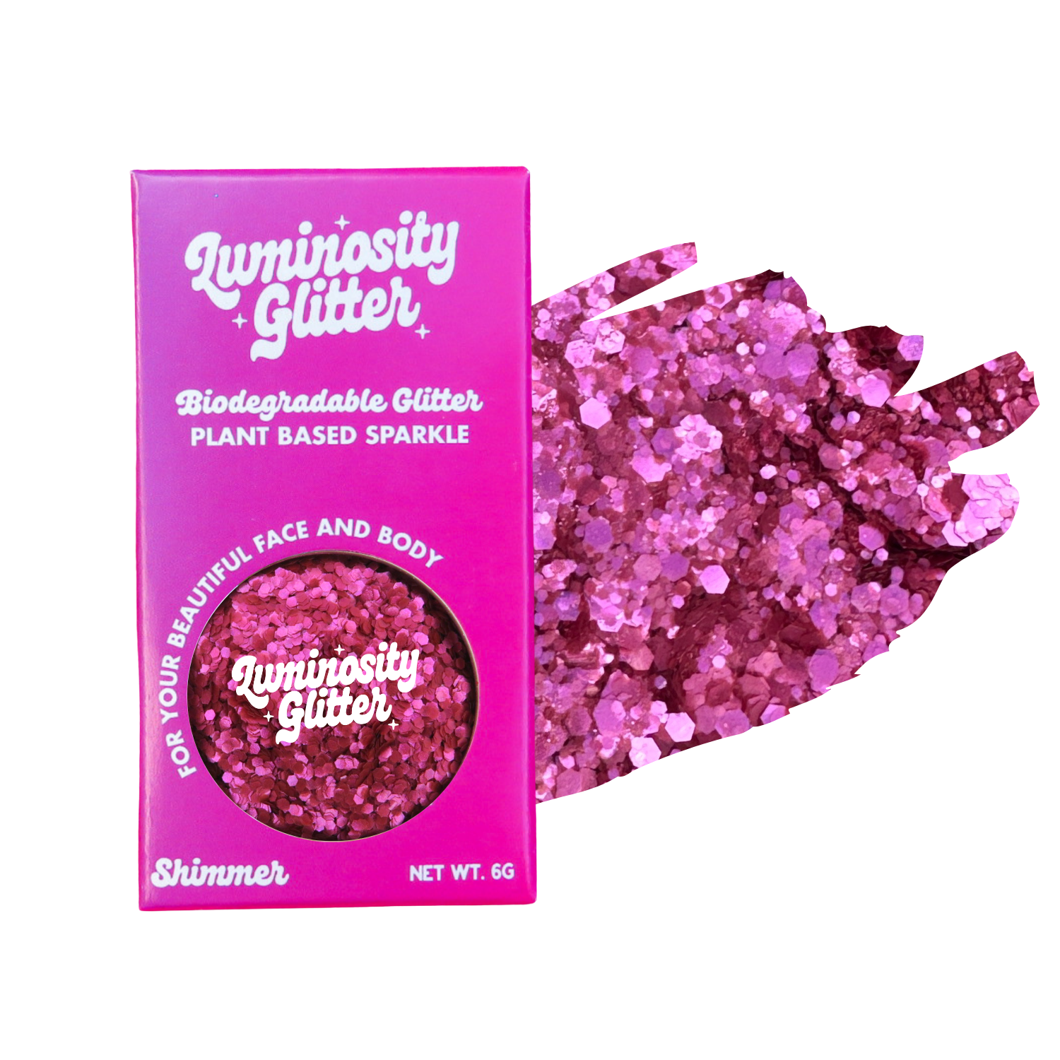 Pink glitter packaging with 'Luminosity Glitter' branding on a white background